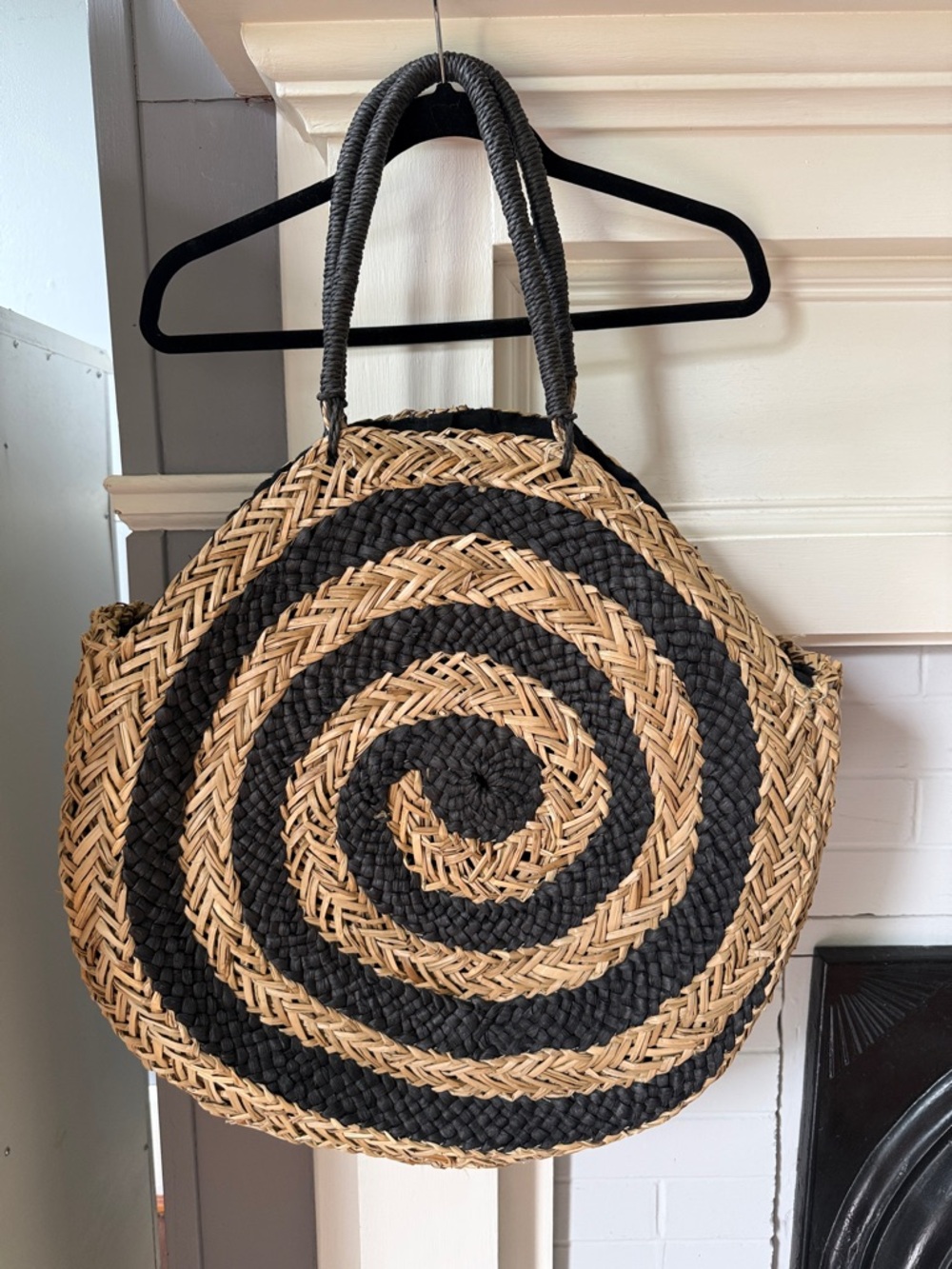 Handwoven Black and Natural Spiral Round Tote Bag + Handwoven Smaller Handbag